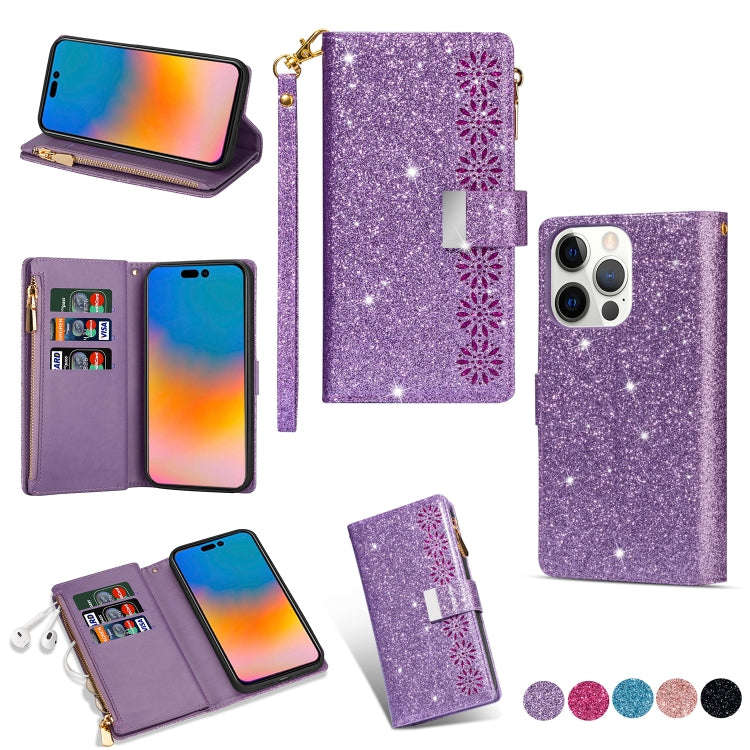 Multi-card Slots Laser Carving Glitter Zipper Leather Case, For iPhone 14, For iPhone 14 Max, For...