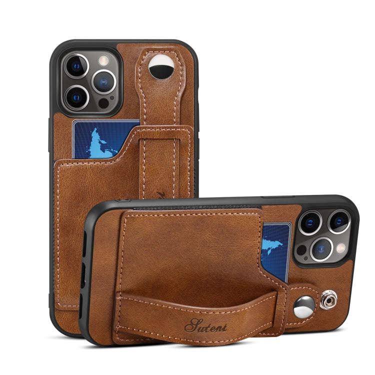 Suteni 215 Wrist Strap PU Phone Case, For iPhone 13, For iPhone 13 Pro, For iPhone 13 Pro Max, Fo...