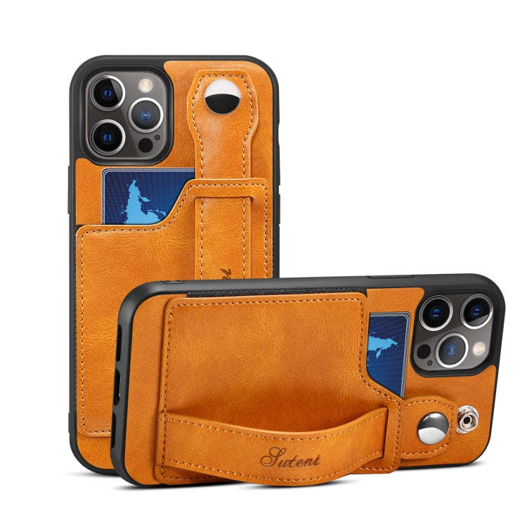 Suteni 215 Wrist Strap PU Phone Case, For iPhone 13, For iPhone 13 Pro, For iPhone 13 Pro Max, Fo...