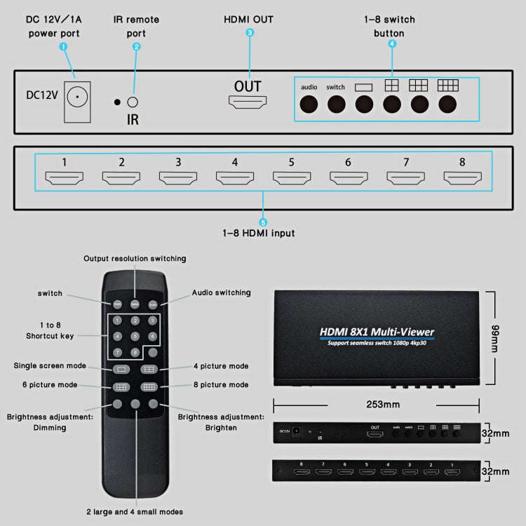 NK-818 HDMI 8x1 Multi-Viewer Supports Seamless Switch 1080P, US Plug, NK-818, US Plug