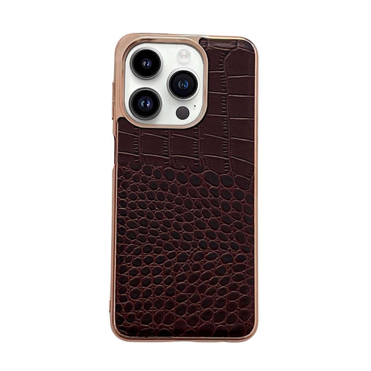 Crocodile Texture Genuine Leather Nano Electroplating Phone Case, For iPhone 14 Pro, For iPhone 1...