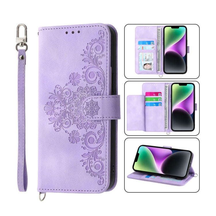 Skin-feel Flowers Embossed Wallet Leather Phone Case, For iPhone 14, For iPhone 14 Plus, For iPho...