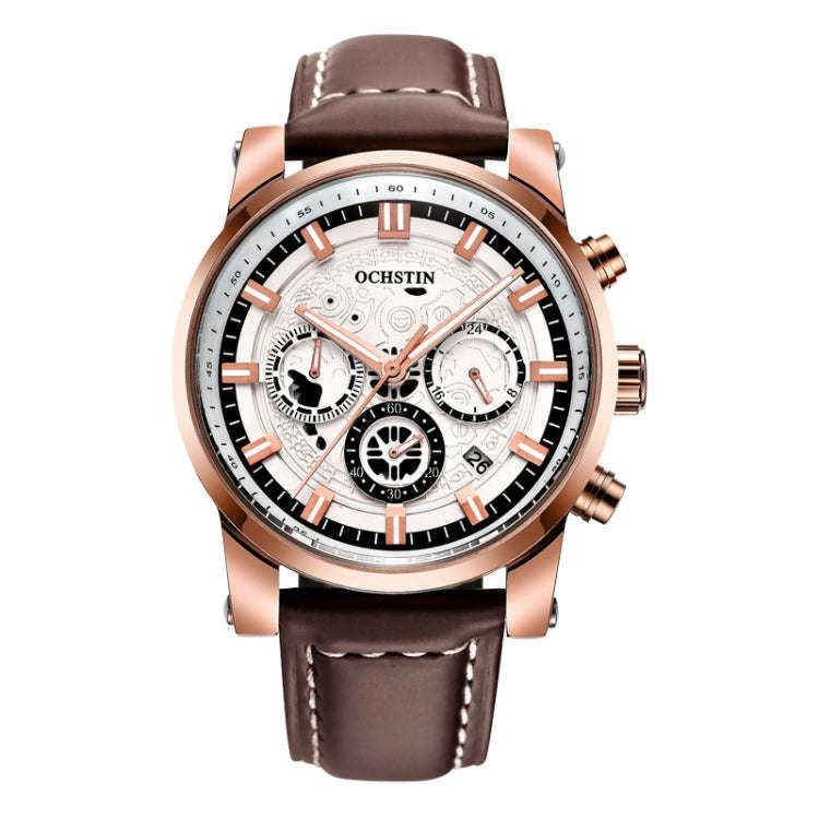 Ochstin 5111B Multifunctional Business Waterproof Luminous Leather Strap Quartz Watch