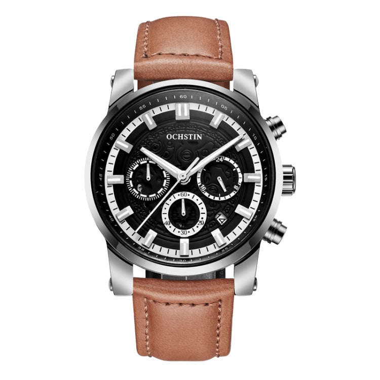 Ochstin 5111B Multifunctional Business Waterproof Luminous Leather Strap Quartz Watch