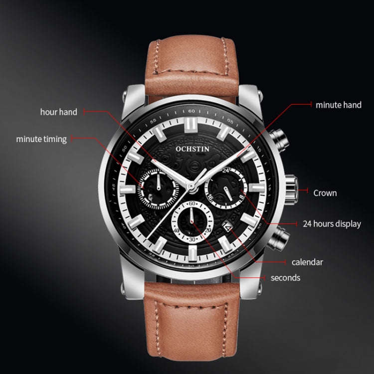 Ochstin 5111B Multifunctional Business Waterproof Luminous Leather Strap Quartz Watch