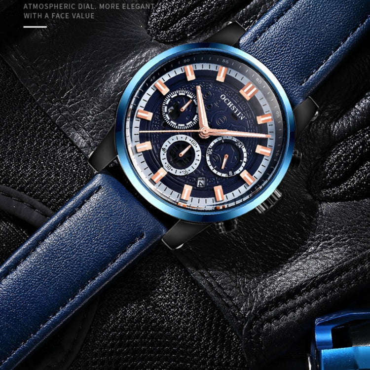 Ochstin 5111B Multifunctional Business Waterproof Luminous Leather Strap Quartz Watch
