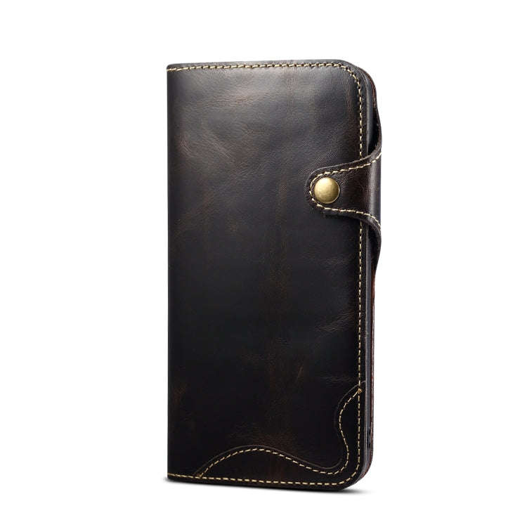 Denior Oil Wax Cowhide Magnetic Button Genuine Leather Case, For iPhone 14 Pro Max, For iPhone 14...