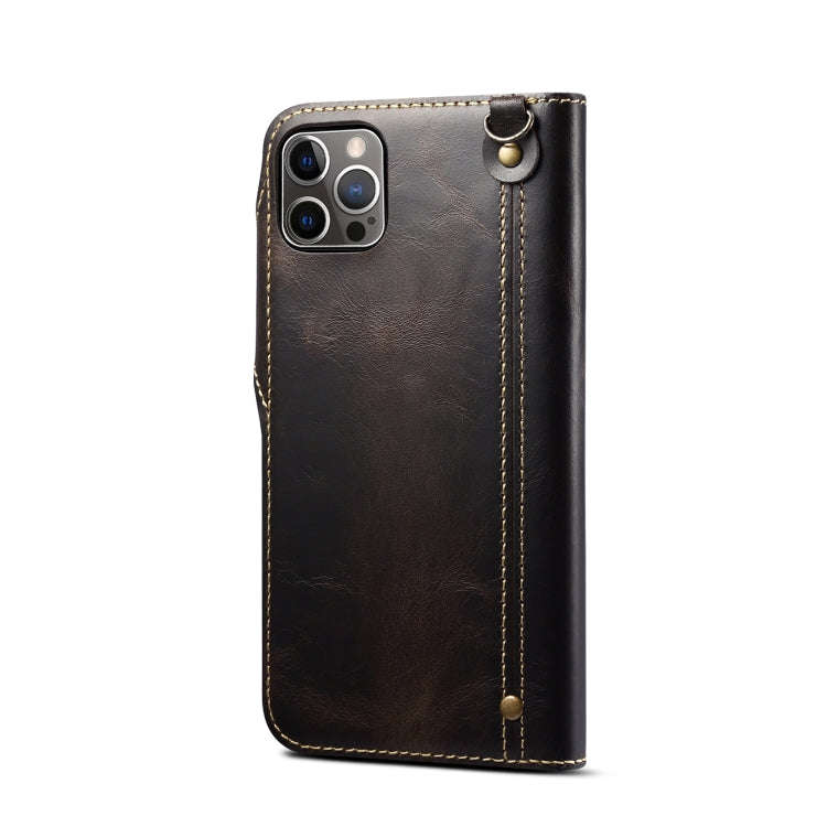 Denior Oil Wax Cowhide Magnetic Button Genuine Leather Case, For iPhone 14 Pro Max, For iPhone 14...