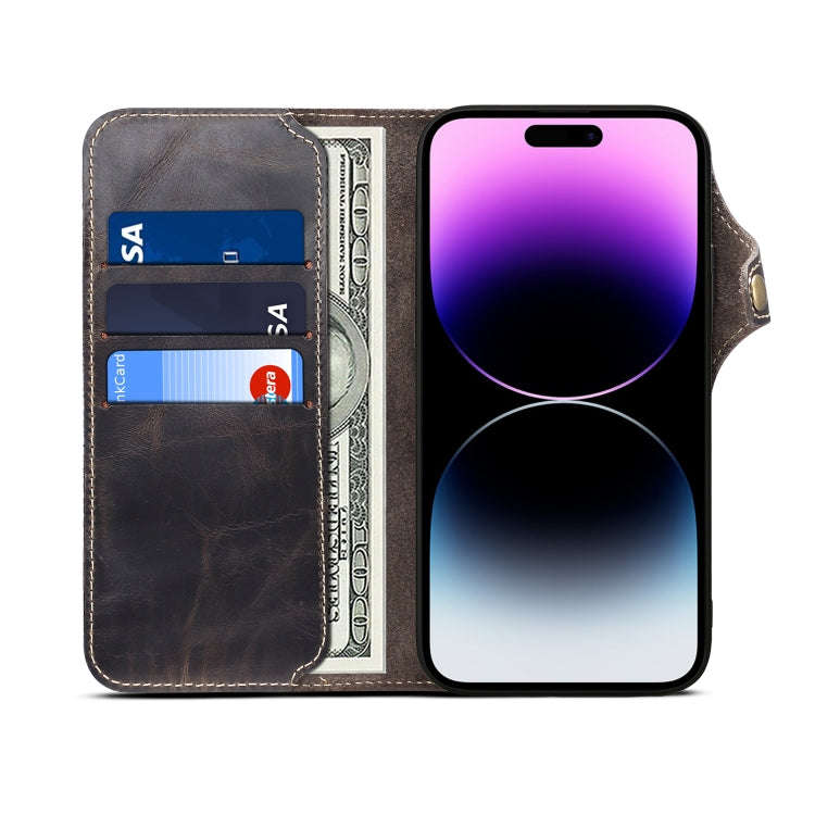 Denior Oil Wax Cowhide Magnetic Button Genuine Leather Case, For iPhone 14 Pro Max, For iPhone 14...
