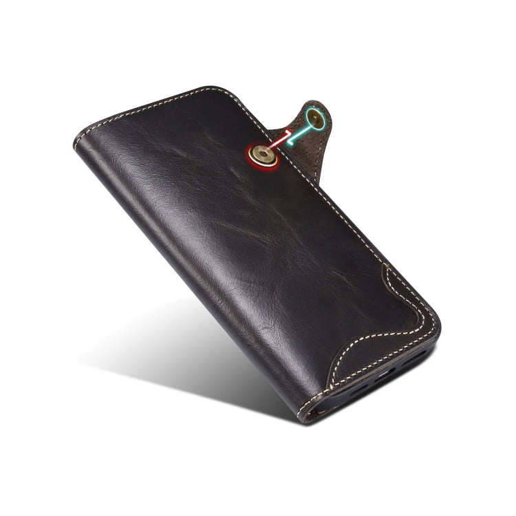 Denior Oil Wax Cowhide Magnetic Button Genuine Leather Case, For iPhone 14 Pro Max, For iPhone 14...