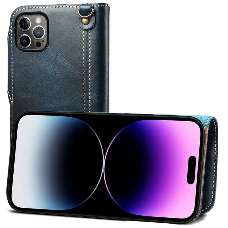 Denior Oil Wax Cowhide Magnetic Button Genuine Leather Case, For iPhone 14 Pro Max, For iPhone 14...