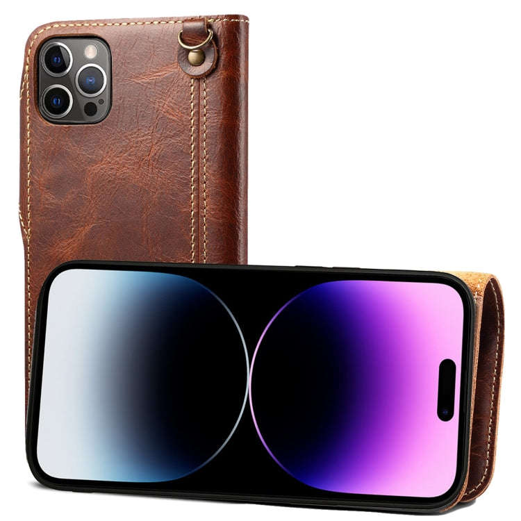 Denior Oil Wax Cowhide Magnetic Button Genuine Leather Case, For iPhone 14 Pro Max, For iPhone 14...