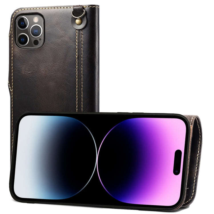 Denior Oil Wax Cowhide Magnetic Button Genuine Leather Case, For iPhone 14 Pro Max, For iPhone 14...
