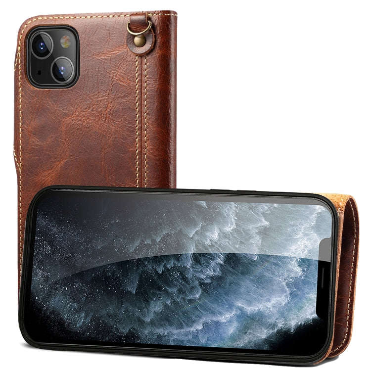 Denior Oil Wax Cowhide Magnetic Button Genuine Leather Case, For iPhone 14 Pro Max, For iPhone 14...