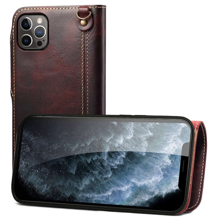 Denior Oil Wax Cowhide Magnetic Button Genuine Leather Case, For iPhone 14 Pro Max, For iPhone 14...