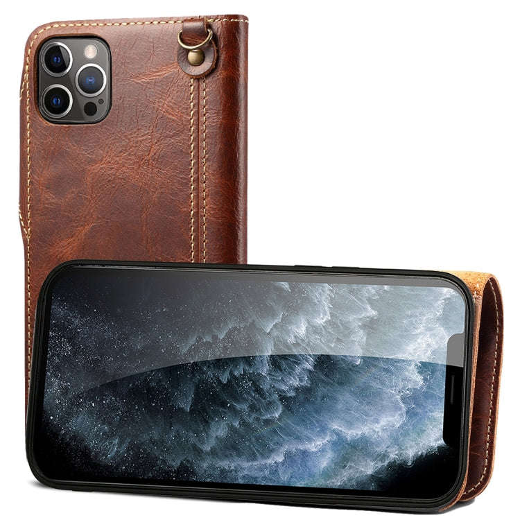 Denior Oil Wax Cowhide Magnetic Button Genuine Leather Case, For iPhone 14 Pro Max, For iPhone 14...