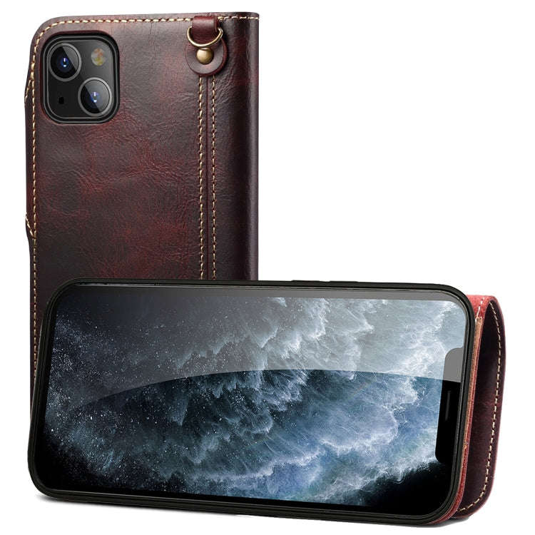 Denior Oil Wax Cowhide Magnetic Button Genuine Leather Case, For iPhone 14 Pro Max, For iPhone 14...