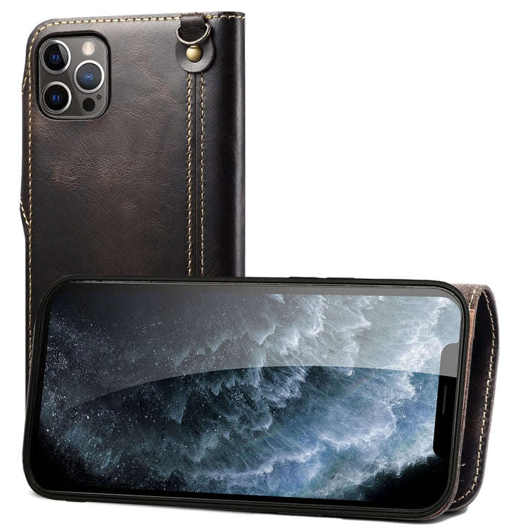 Denior Oil Wax Cowhide Magnetic Button Genuine Leather Case, For iPhone 14 Pro Max, For iPhone 14...