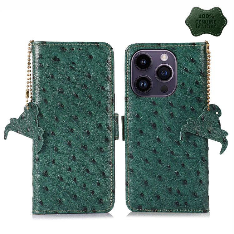 Ostrich Pattern Genuine Leather RFID Phone Case, For iPhone 15 Pro Max, For iPhone 15 Pro, For iP...