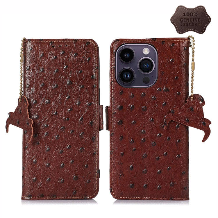Ostrich Pattern Genuine Leather RFID Phone Case, For iPhone 15 Pro Max, For iPhone 15 Pro, For iP...