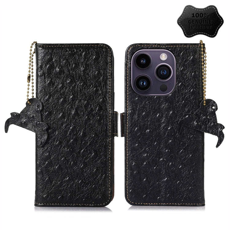 Ostrich Pattern Genuine Leather RFID Phone Case, For iPhone 15 Pro Max, For iPhone 15 Pro, For iP...