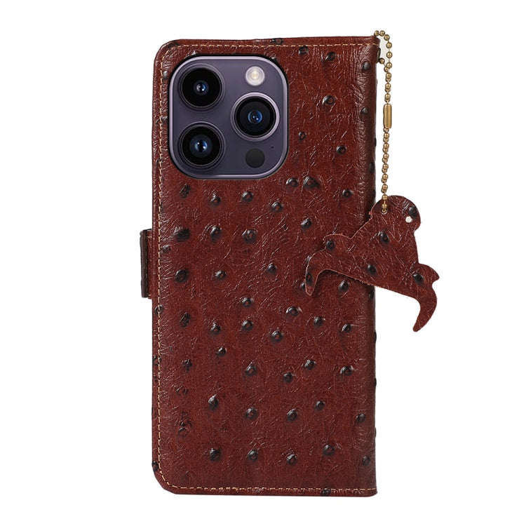 Ostrich Pattern Genuine Leather RFID Phone Case, For iPhone 15 Pro Max, For iPhone 15 Pro, For iP...