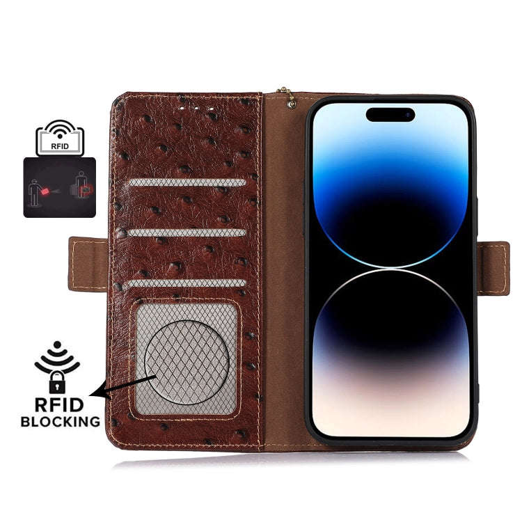 Ostrich Pattern Genuine Leather RFID Phone Case, For iPhone 15 Pro Max, For iPhone 15 Pro, For iP...