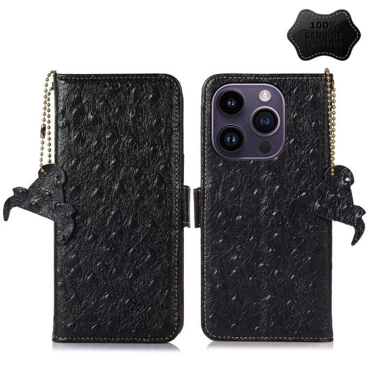 Ostrich Pattern Genuine Leather RFID Phone Case, For iPhone 15 Pro Max, For iPhone 15 Pro, For iP...