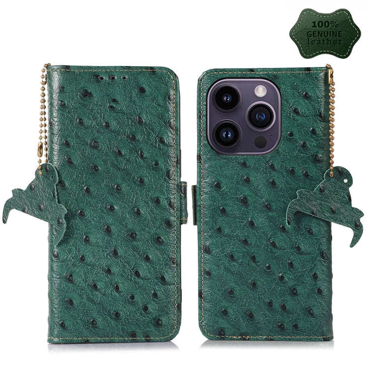 Ostrich Pattern Genuine Leather RFID Phone Case, For iPhone 15 Pro Max, For iPhone 15 Pro, For iP...