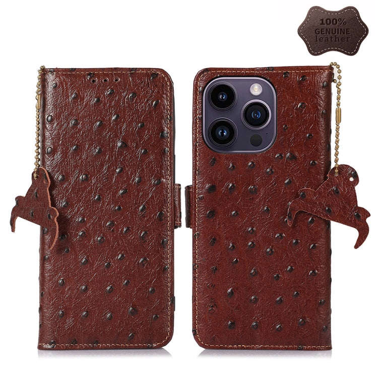 Ostrich Pattern Genuine Leather RFID Phone Case, For iPhone 15 Pro Max, For iPhone 15 Pro, For iP...