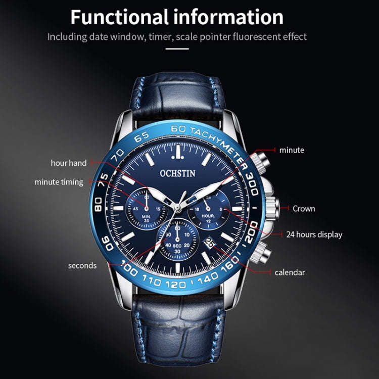 Multifunctional Quartz Waterproof Men Leather Watch