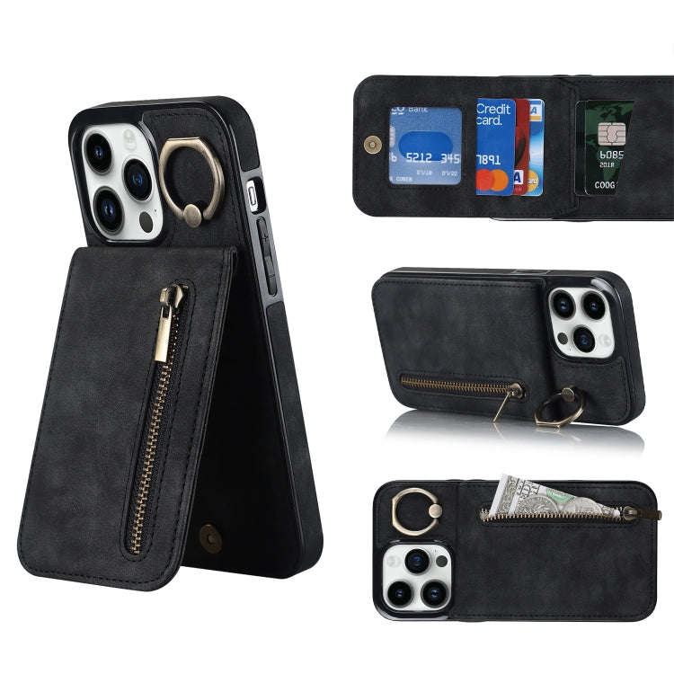 Retro Ring and Zipper RFID Card Slot Phone Case, For iPhone 14, For iPhone 14 Plus, For iPhone 14...