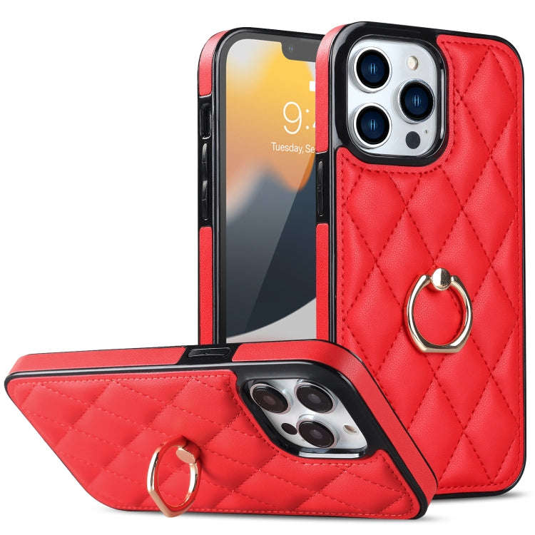 Rhombic PU Leather Phone Case with Ring Holder, For iPhone 13 Pro, For iPhone 13 Pro Max, For iPh...