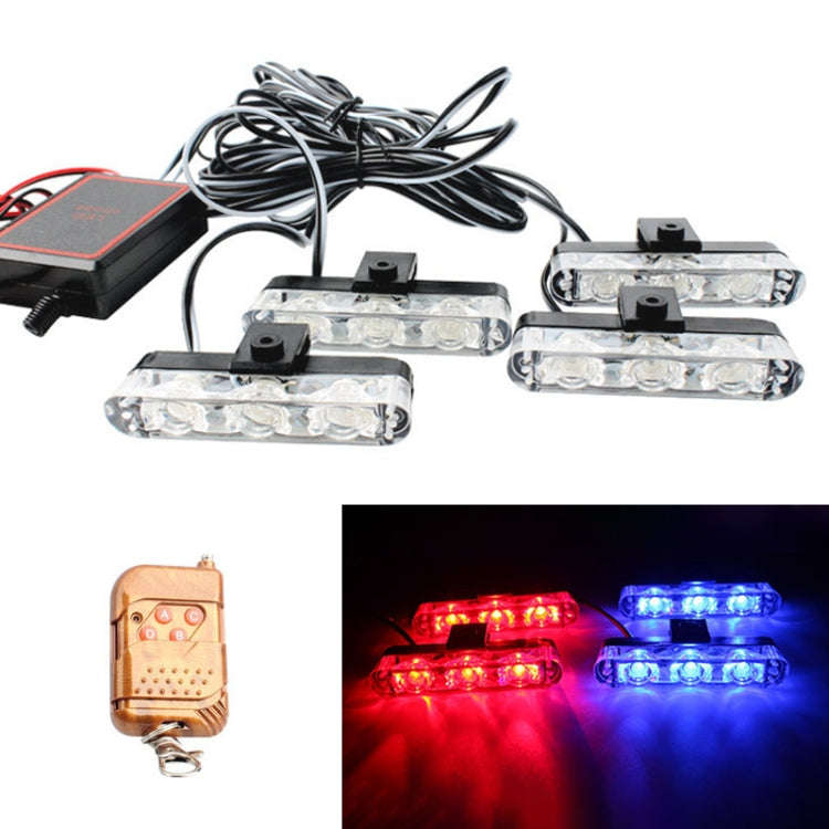 4 in 1 Car 12LEDs Grille Flash Lights Warning Lights with Wireless Remote Control, Red, Red White...