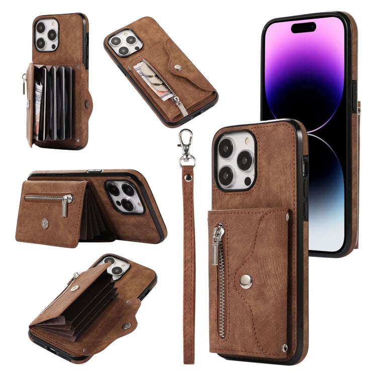 Zipper RFID Card Slot Phone Case with Short Lanyard, For iPhone 14, For iPhone 14 Plus, For iPhon...