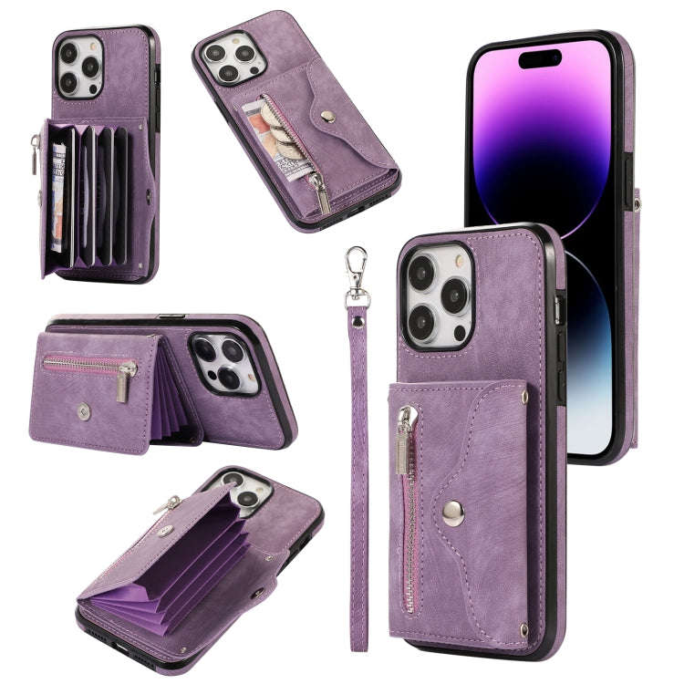 Zipper RFID Card Slot Phone Case with Short Lanyard, For iPhone 14, For iPhone 14 Plus, For iPhon...
