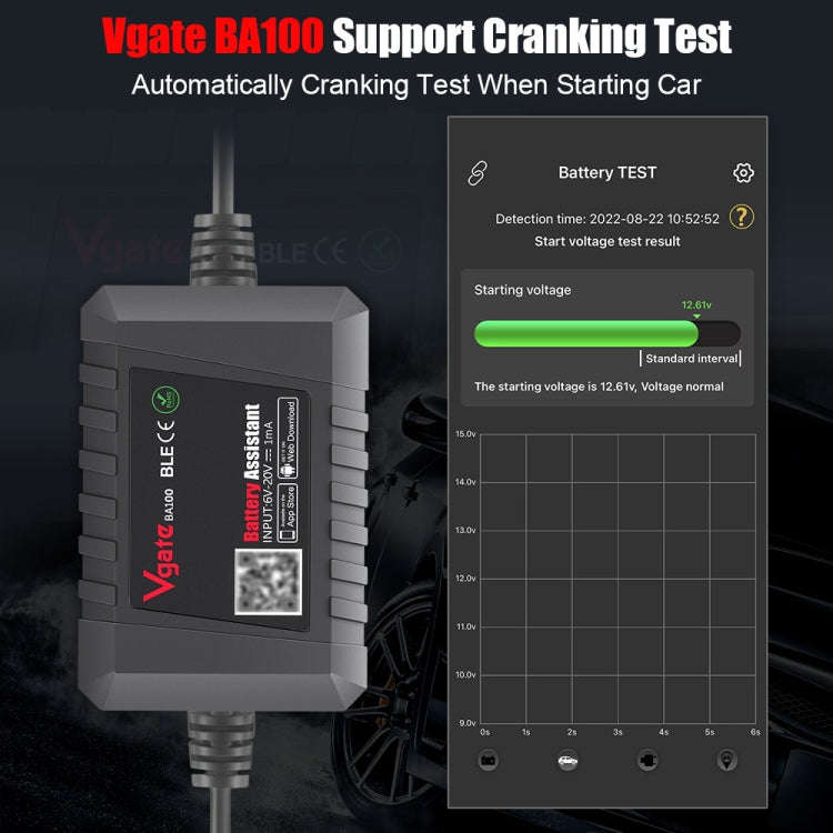Vgate BA100 Car 12V Bluetooth 4.0 Battery Assistant Analyzer Tester, Vgate BA100