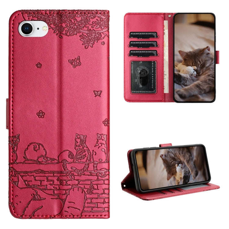 Cat Embossing Pattern Leather Phone Case with Lanyard, For iPhone 15 Pro Max, For iPhone 15 Pro, ...