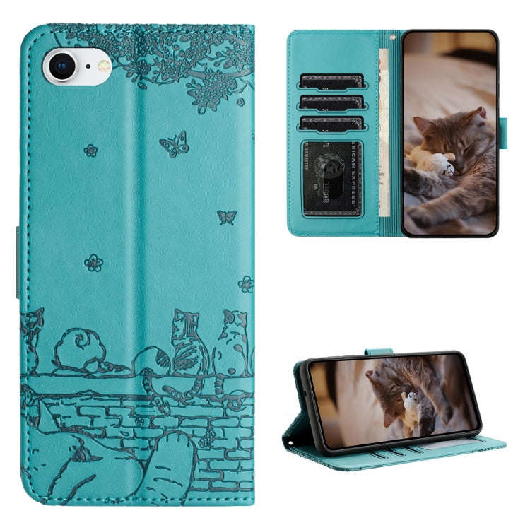Cat Embossing Pattern Leather Phone Case with Lanyard, For iPhone 15 Pro Max, For iPhone 15 Pro, ...
