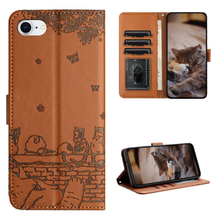 Cat Embossing Pattern Leather Phone Case with Lanyard, For iPhone 15 Pro Max, For iPhone 15 Pro, ...
