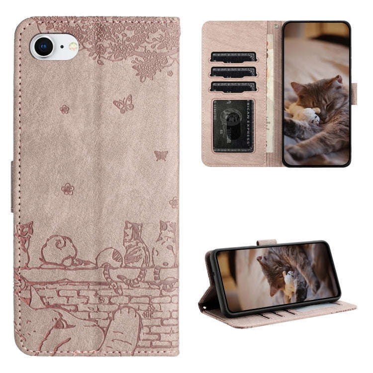 Cat Embossing Pattern Leather Phone Case with Lanyard, For iPhone 15 Pro Max, For iPhone 15 Pro, ...