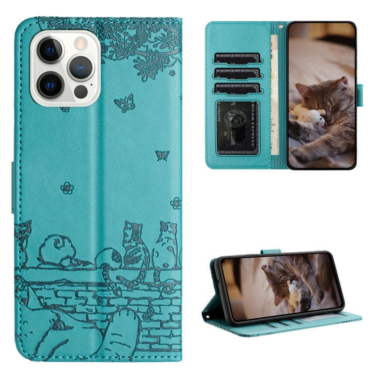 Cat Embossing Pattern Leather Phone Case with Lanyard, For iPhone 13 Pro Max, For iPhone 13 Pro, ...