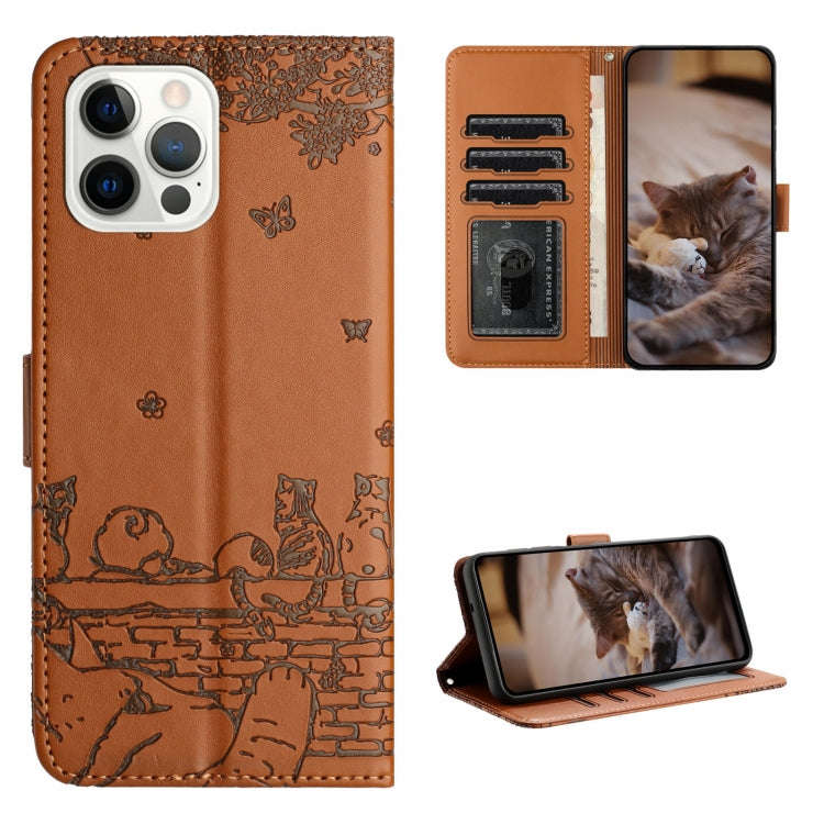 Cat Embossing Pattern Leather Phone Case with Lanyard, For iPhone 13 Pro Max, For iPhone 13 Pro, ...