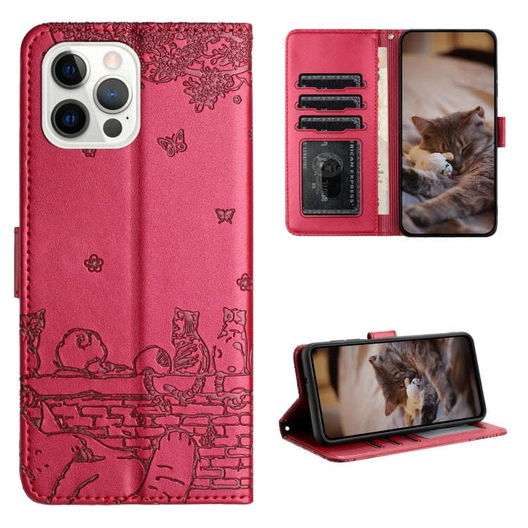 Cat Embossing Pattern Leather Phone Case with Lanyard, For iPhone 13 Pro Max, For iPhone 13 Pro, ...