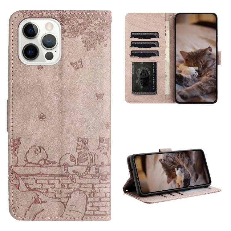 Cat Embossing Pattern Leather Phone Case with Lanyard, For iPhone 13 Pro Max, For iPhone 13 Pro, ...