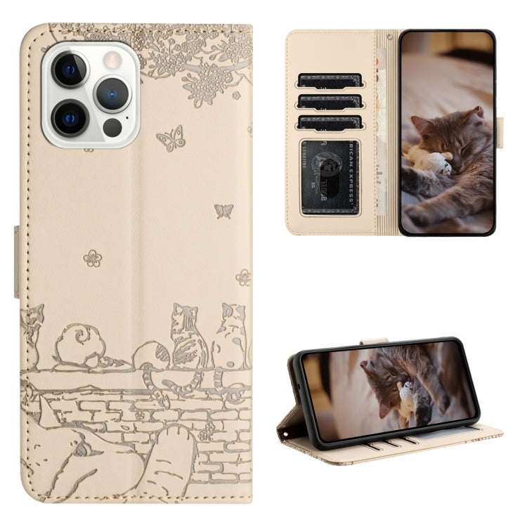 Cat Embossing Pattern Leather Phone Case with Lanyard, For iPhone 13 Pro Max, For iPhone 13 Pro, ...