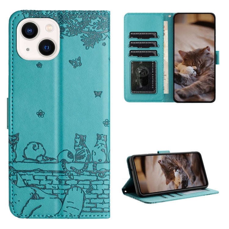 Cat Embossing Pattern Leather Phone Case with Lanyard, For iPhone 13 Pro Max, For iPhone 13 Pro, ...