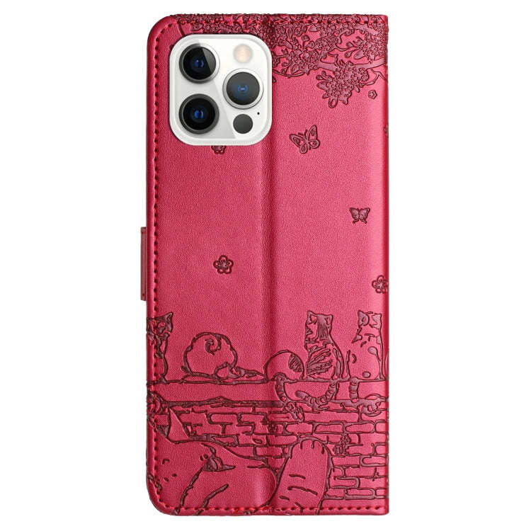 Cat Embossing Pattern Leather Phone Case with Lanyard, For iPhone 15 Pro Max, For iPhone 15 Pro, ...
