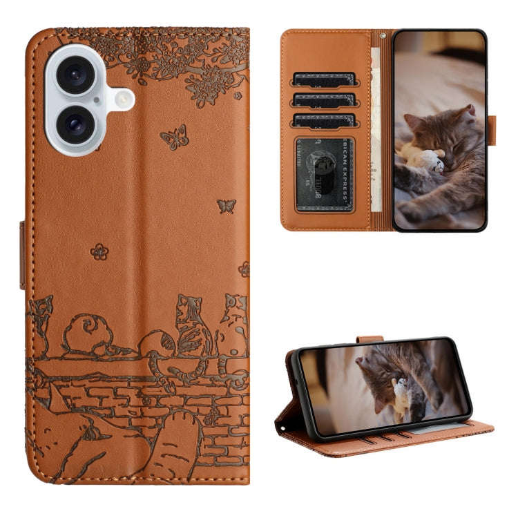 Cat Embossing Pattern Leather Phone Case with Lanyard, For iPhone 18 Pro / 17 Pro, For iPhone 18 ...