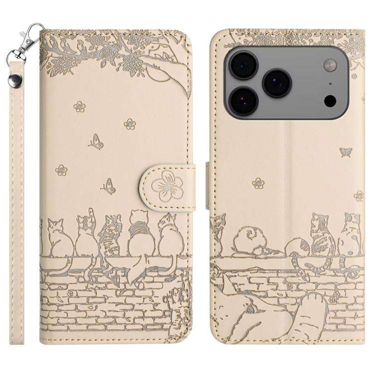 Cat Embossing Pattern Leather Phone Case with Lanyard, For iPhone 18 Pro / 17 Pro, For iPhone 18 ...